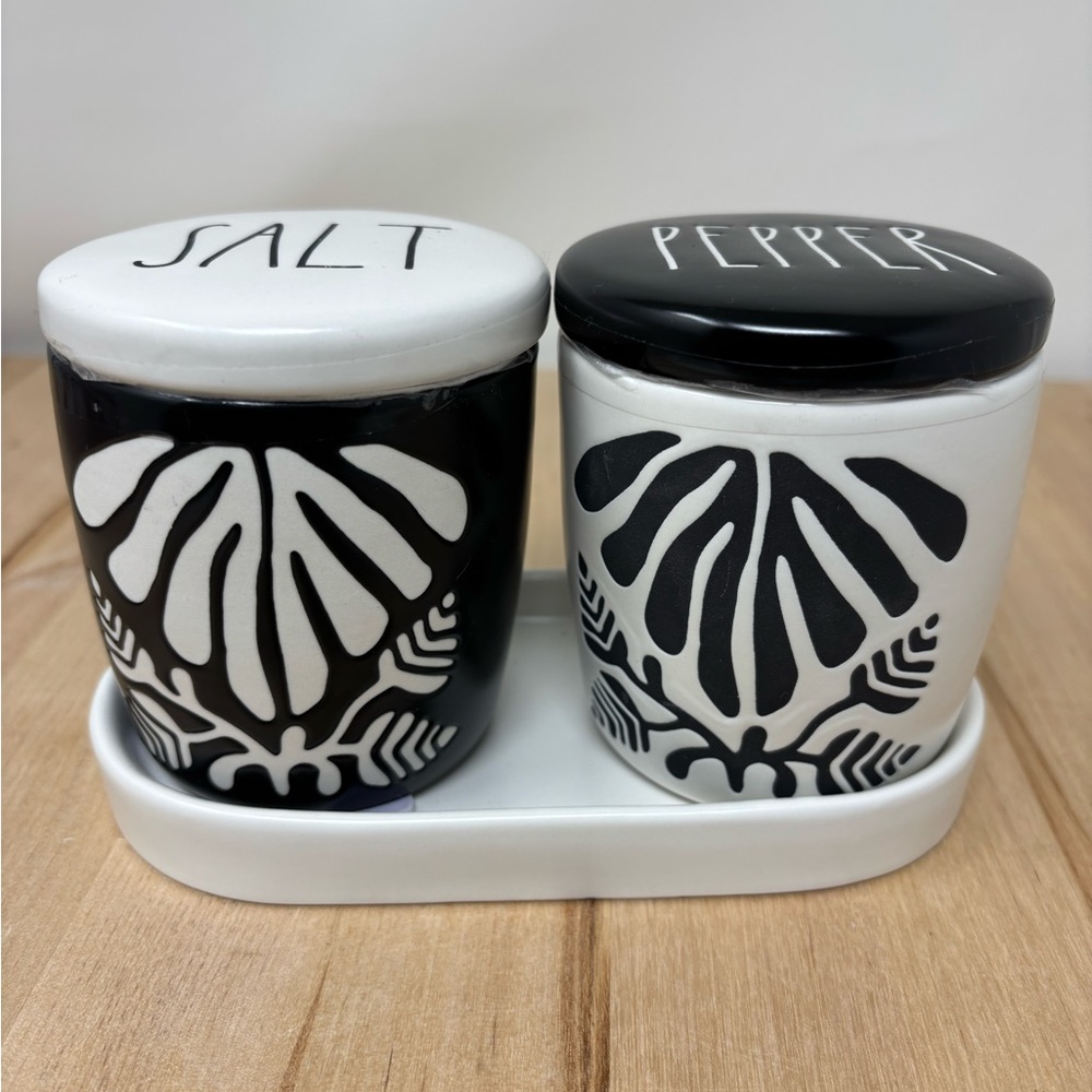 Rae Dunn SALT PEPPER Cellar Set Ceramic with Tops Black and White Art Decor New